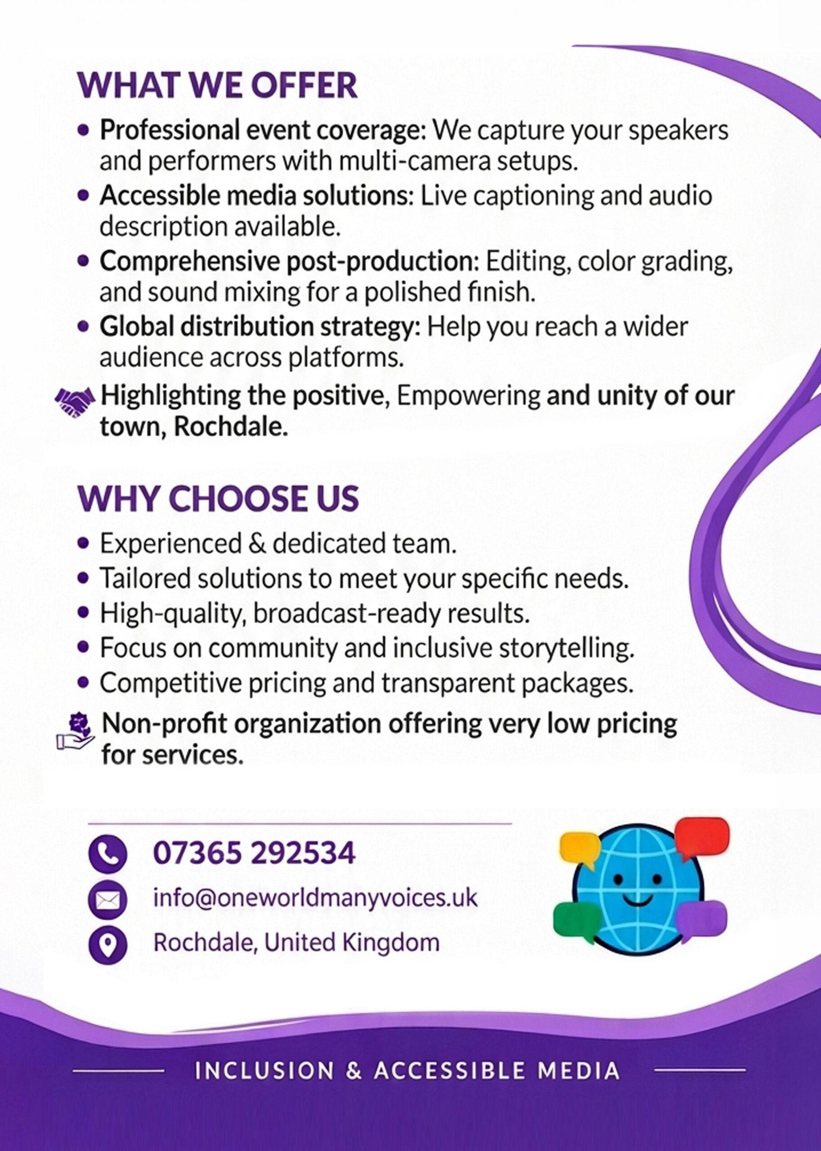 Back of One World Many Voices double-sided A5 promotional leaflet