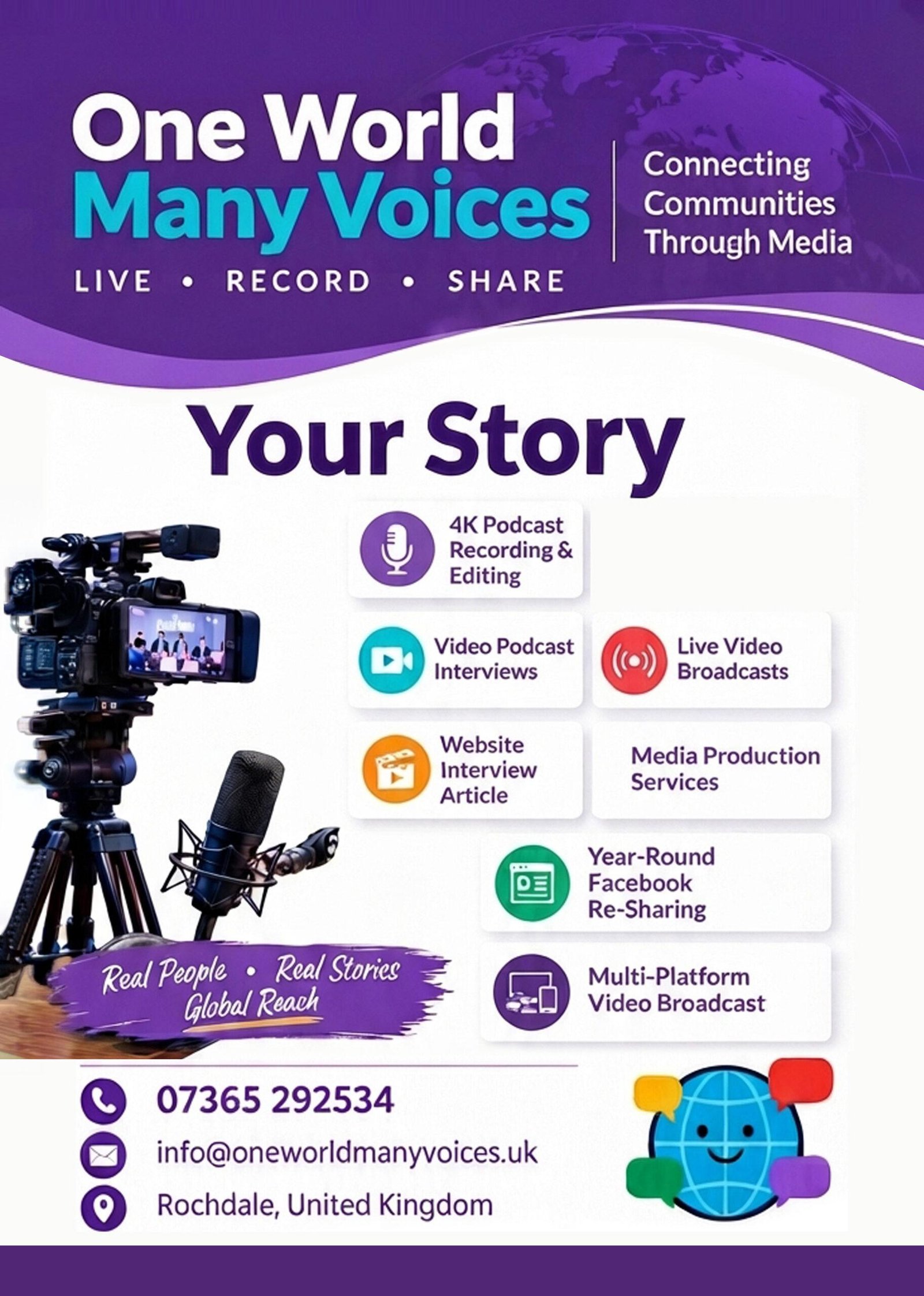 Front of One World Many Voices double-sided A5 promotional leaflet